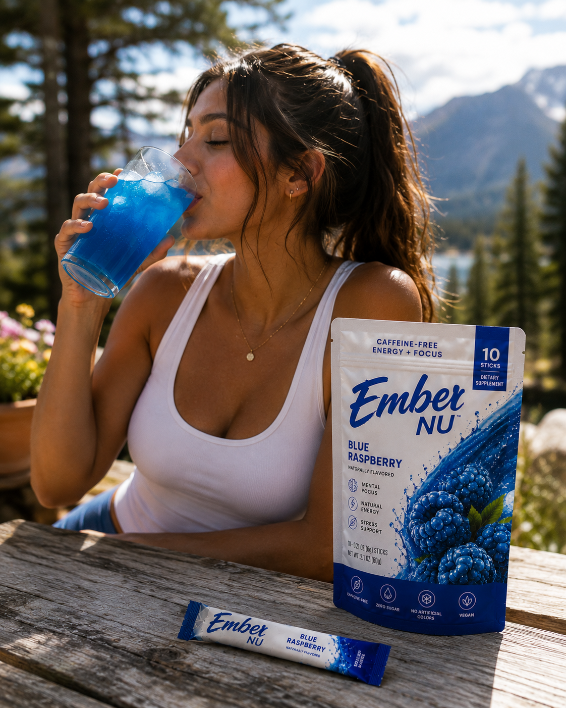 Woman drinking Ember Blue Raspberry at a mountain picnic table
